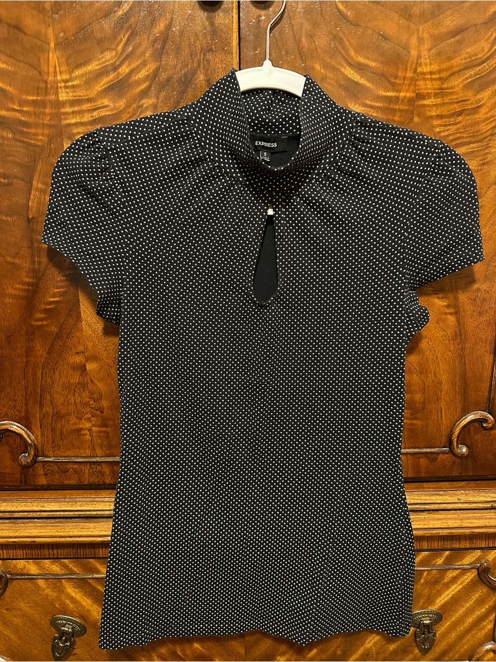 Express Black and White Polka Dot Keyhole Blouse